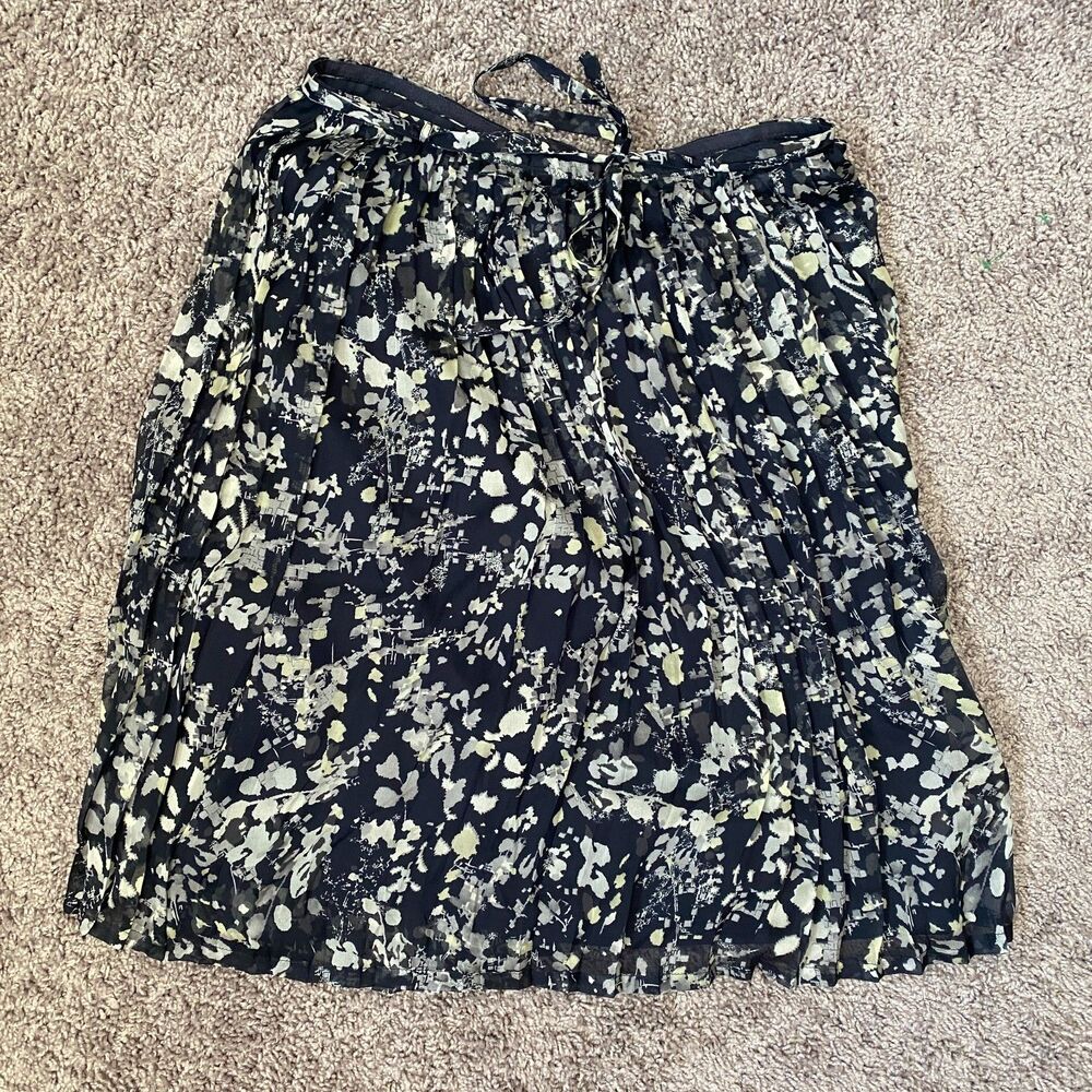 CALVIN KLEIN Silk Navy Blue Printed Pleated Belted Classic Skirt Size 4